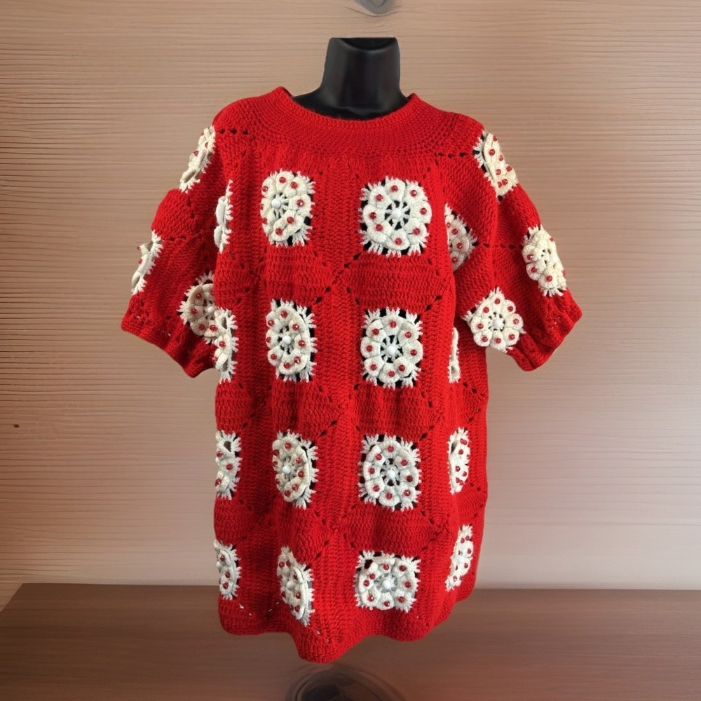 Vintage Handmade Crochet 1960s Mod Mini Dress‎ Red Beaded Granny Square Tunic